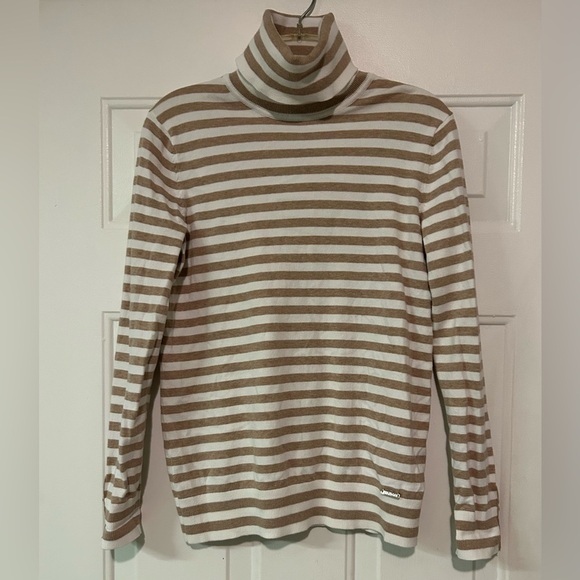Tommy Hilfiger Sweater Womens Medium Beige Striped Long Sleeve Turtle Neck Top - Picture 1 of 13